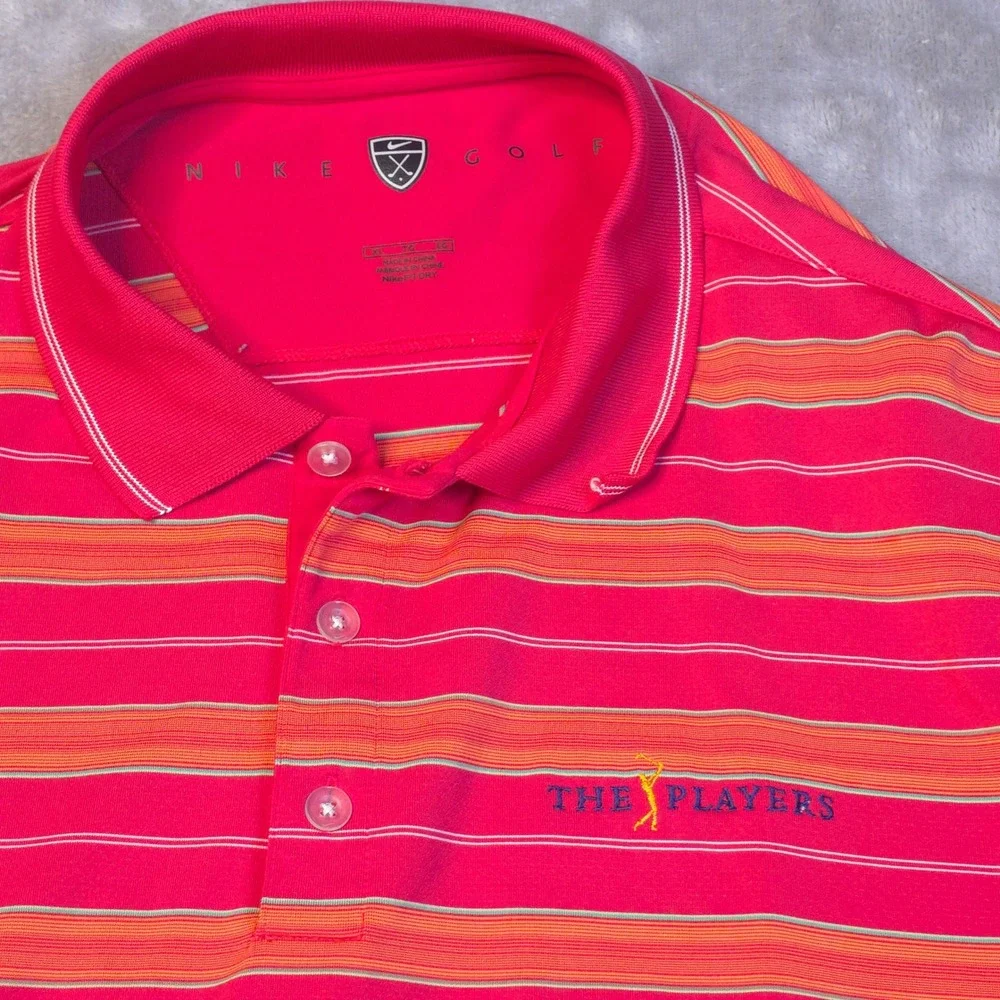 Nike Golf Polo Shirt Men' XL Red Orange Striped The Players Championship Fit Dry